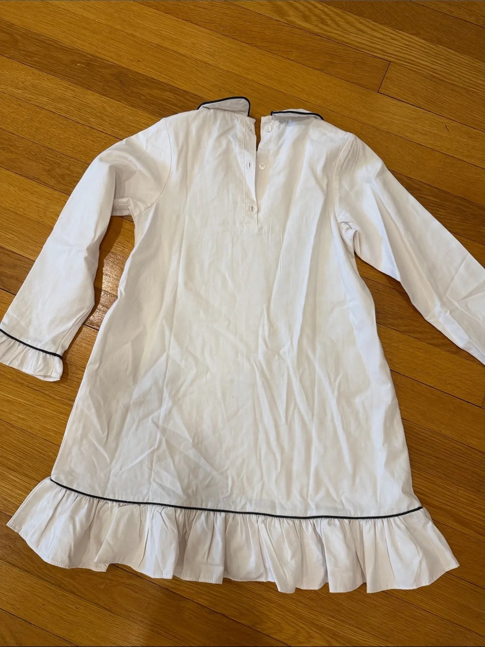 White Long-Sleeve Girls' Nightgown with Black Piping